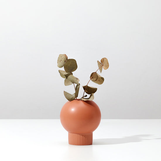 orangefarbene Vase mit einer Pflanze