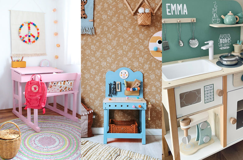 Drei Bilder nebeneinander von Kindermöbeln, die mit Kreidefarbe upgecycelt wurden. Es sind ein Schreibtisch, Werkzeugtisch und eine Küche zu sehen.